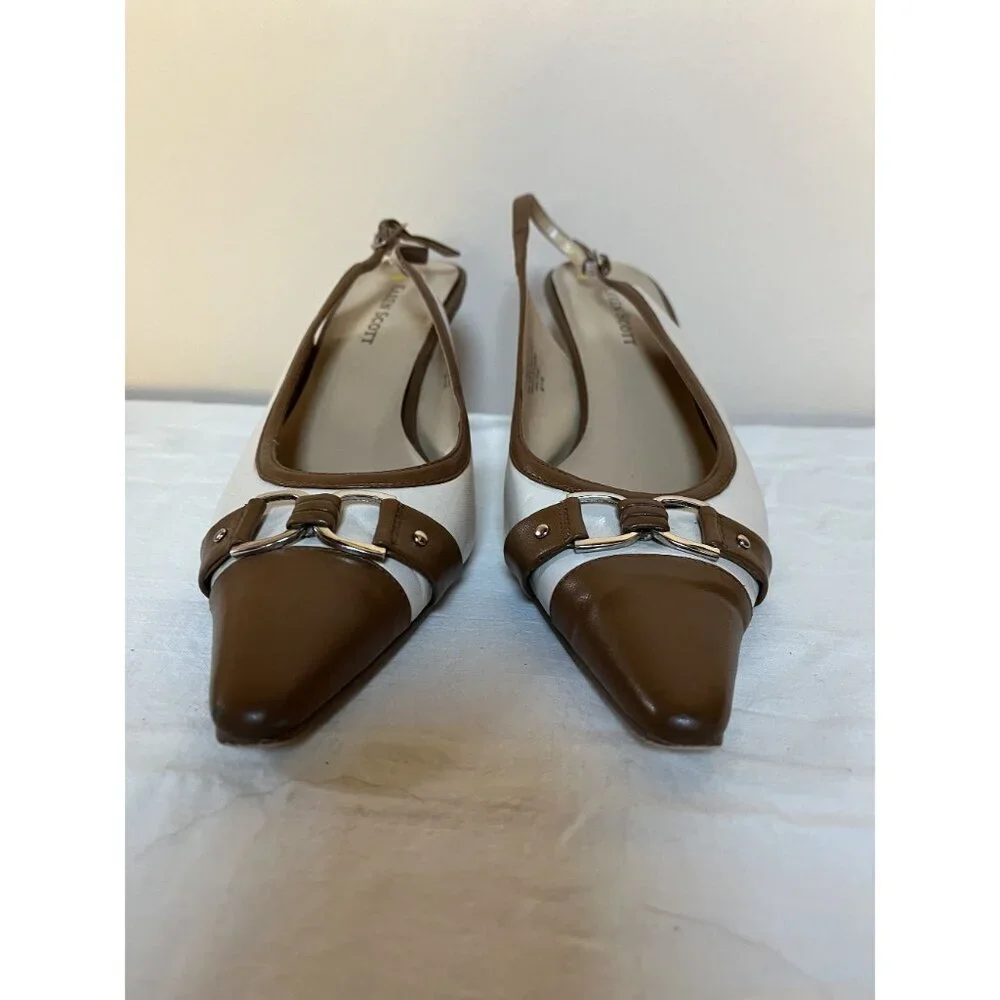 Y2K Vintage Leather Slingback Kitten Heel Spectator Pumps Cap Toe Brown White - Picture 5 of 11